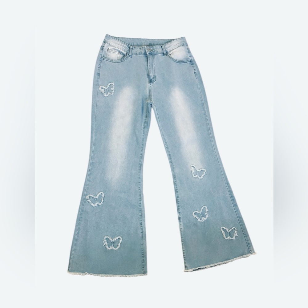 SHEIN Light Blue Butterfly Embroidered Flare Jeans Size 32